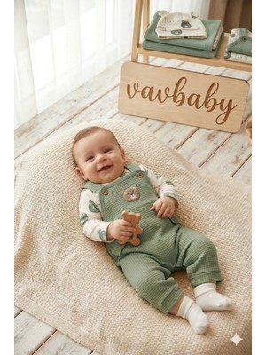 Vavbaby Ayıcık Figürlü Waffle Örme Bebek Salopet Takımı Yeşil (Çorap Hediye)