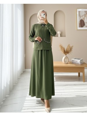 Modamorfo Fermuarlı Ceketli Beli Lastikli Etekli Keten Takım -Haki