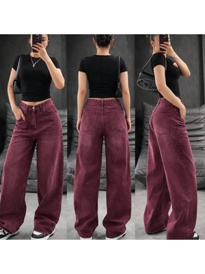 Butik Kadın Bordo Retro Baggy Jean Pantolon