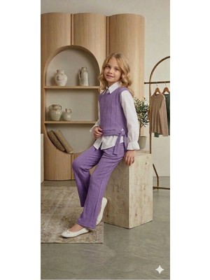 Kız Çocuk Triko Yelekli 3’lü Takım – Gömlek, Yelek ve Pantolon Kombin