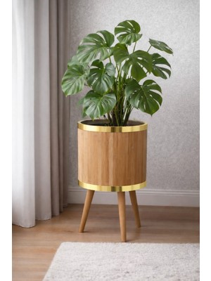 Black Pearl Bambu Ahşap Ayaklı Saksı Büyük Boy Gold 30 cm