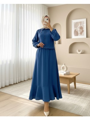 Modamorfo Omuzu Taşlı Düğmeli Ceket Etek Keten Takım -Mavi