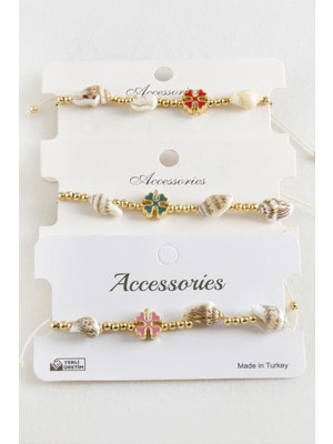 Starseven Yonca Deniz Kabuğu Inci Makrome Ip Bileklik