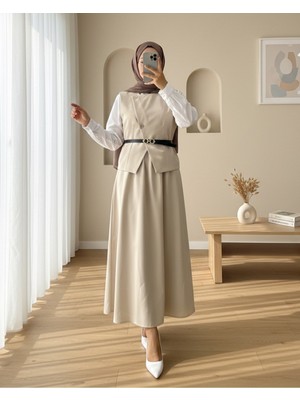 Modamorfo Çapraz Düğmeli Kemerli Yelek Etek Takım -Bej