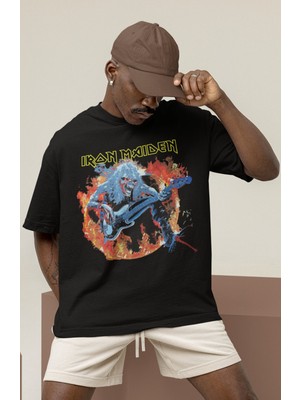 Sevbano Tasarım Iron Maiden Rock Metal Müzik Grubu Baskılı Unisex Oversize Tişört