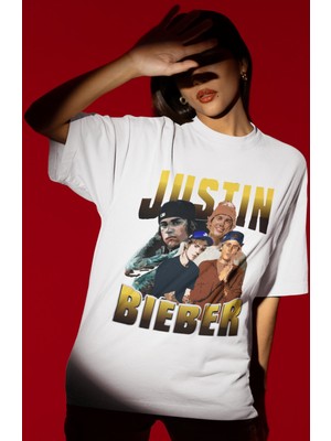 Sevbano Tasarım Justin Bieber Şarkıcı Baskılı Unisex Oversize Tişört