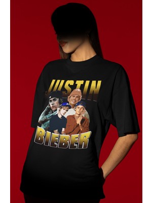 Sevbano Tasarım Justin Bieber Şarkıcı Baskılı Unisex Oversize Tişört