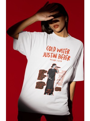 Sevbano Tasarım Cold Water Justin Bieber Şarkıcı Baskılı Unisex Oversize Tişört