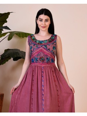 Fibula Otantik ve Bohem Işlemeli%95 Pamuk Standart Beden Ithal Maxi Elbise