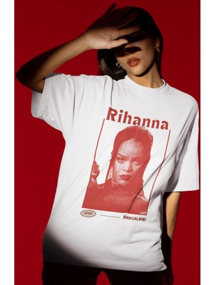 Sevbano Tasarım Rihanna Şarkıcı Baskılı Unisex Oversize Tişört