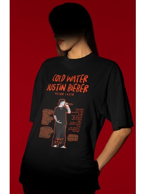 Sevbano Tasarım Cold Water Justin Bieber Şarkıcı Baskılı Unisex Oversize Tişört