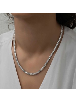 Bazarhane Gümüş 4 mm Beyaz Taşlı Su Yolu Kadın Kolye