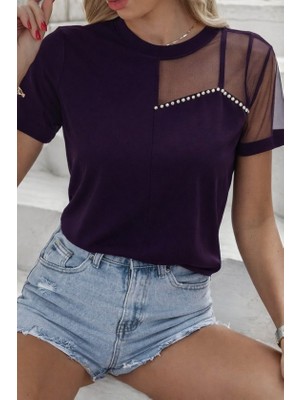 Barış Beauty Kadın Kısa Kollu Tül Detaylı Taşlı Janjan Krep Bluz