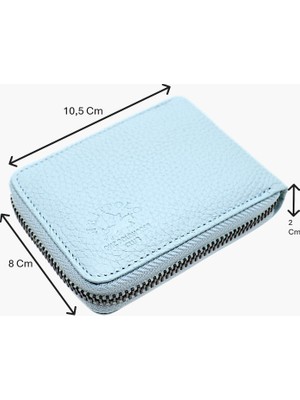Westpolo Hakiki Deri Kağıt Para ve Bol Şeffaf Kart Bölmeli, Fermuarlı Unisex Kartlık - Buz Mavi