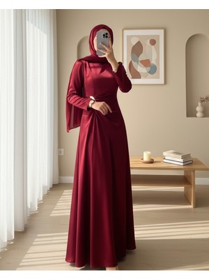 Modamorfo Beli Drapeli Düz Saten Elbise -Bordo