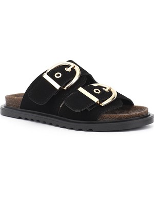 Gönderi(r) Kadın Siyah Süet  Çift Tokalı Terlik