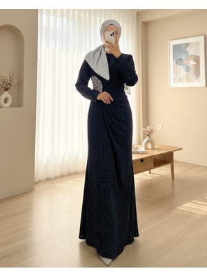 Modamorfo Önü Drapeli Taşlı Uzun Abiye -Laci