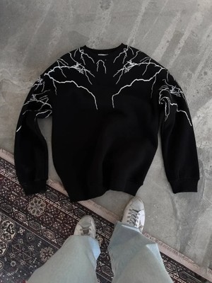 Nnstartshopping  Yıldırım Baskılı Bisiklet Yaka Sweatshirt - Siyah