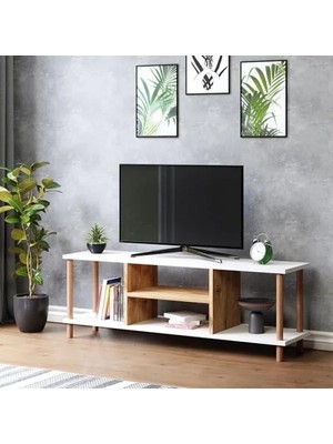 Esranın Dünyası Raflı Ahşap Ayaklı Beyaz Tv Sehpası