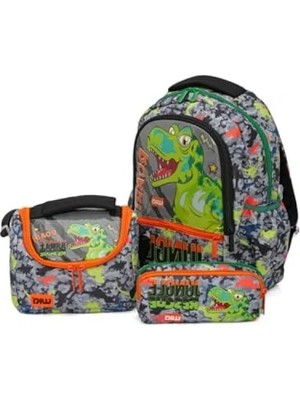 Esranın Dünyası Dinazor Baskılı Erkek Çocuk Üçlü Okul Çanta Seti - Gri-Yeşil