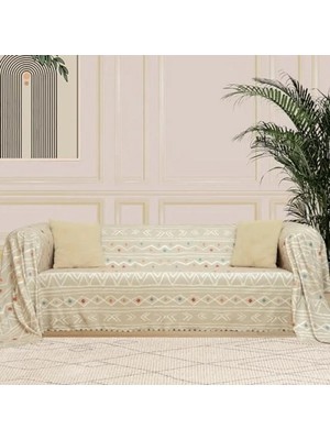 Esranın Dünyası Kaymaz Etnik Desenli Mikrofiber Koltuk Örtüsü - Bej, 180X300 cm