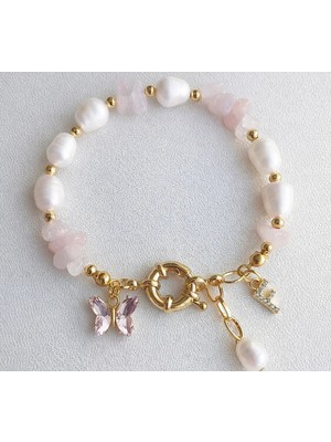 BNG AKSESUAR Gerçek Inci Pembe Kuvars Kelebekli Altın Takılan Gemici Kilit Gold Harfli Bileklik