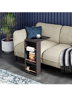 Esranın Dünyası Tekerlekli Yan Sehpa, Rulo Havlu Takılabilir Koltuk Sehpası - Antrasit Gri