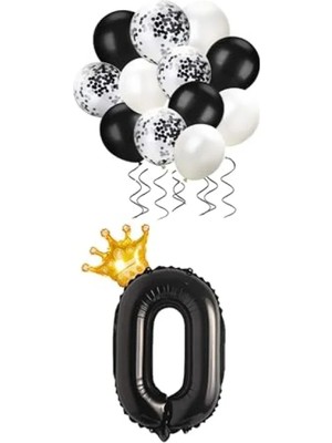 Esranın Dünyası Siyah Folyo Balon Seti - 0 Rakam, Kral Tacı ve Konfetili