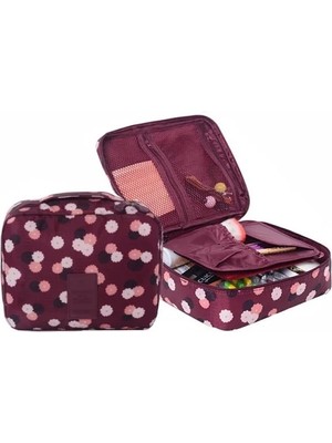 Esranın Dünyası Su Geçirmez Seyahat Kozmetik Makyaj Çantası - Bordo Çiçekli