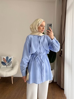 by Nursel Çiçek Kadın Trend Gömlek Yaka Belden Baglamalı Pelerinli Gömlek