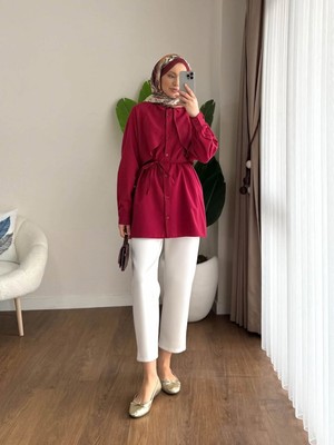 by Nursel Çiçek Kadın Trend Gömlek Yaka Belden Baglamalı Pelerinli Gömlek