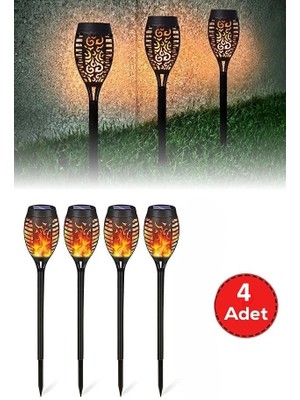 SHC4200 Mey Ithalat® 4 Lü Güneş Enerjili Alev Efektli LED Seti | Solar Bahçe Dış Mekan Aydınlatma