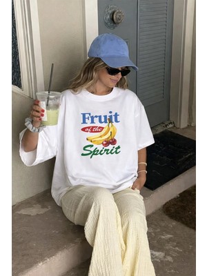 Monila Kadın Premium Kumaş Ekru Baskılı Oversize T-Shirt