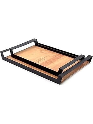 Starseven Pratikoutdoor Küçük Ham Renk Servis Sunum Tepsisi, Metal Kulplu Ahşap Tepsi - 42X22,5 cm