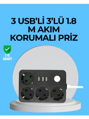 İntora 3 USB Çıkışlı 4’lü Akıllı Priz 2500W 2 Metre Kablo
