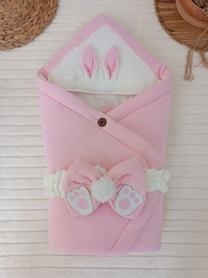 Epilons Yenidoğan 4 Kat Müslin Kumaş Kulaklı Patili Fiyonk Bebek Battaniyesi Kundak