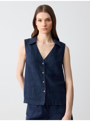 Jimmy Key Lacivert %100 Keten Kolsuz Dar Kesim Gömlek