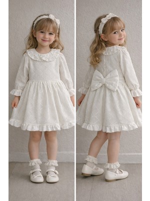 Bilge Trend Kız Bebek Çocuk, Bebe Yaka Ekru Elbise, Doğum Günü, Düğün, Bayramlık, Parti Elbisesi