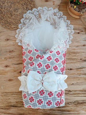 Epilons Yenidoğan Kar Tanesi Desenli Dantelli Duvaklı Bebek Battaniyesi Kundak