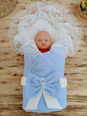 Epilons Bal Peteği My Prince Taç Nakışlı Inci Fiyonklu Dantel Duvaklı Delüks Kundak Bebek Battaniyesi