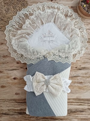 Epilons Yenidoğan Teri Cotton Taç Nakışlı Prizma Taş Kundak Bebek Battaniyesi