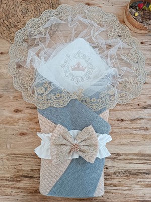 Epilons Yenidoğan Teri Cotton Taç Nakışlı Prizma Taş Kundak Bebek Battaniyesi