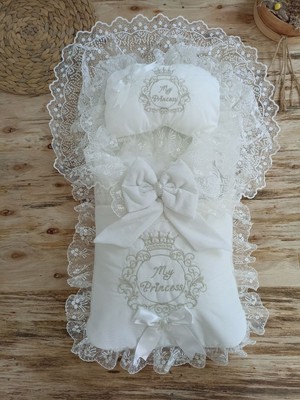 Epilons Yenidoğan Nil Taç Nakışlı Hayal Güpürlü Trilüks Kundak Bebek Battaniyesi 3lü Alt Açma Seti