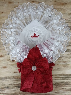 Epilons Yenidoğan Saray Kadife Taç Nakışlı Inci Fiyonklu Çift Dantel Duvak Trilüks Kundak Bebek Battaniyesi