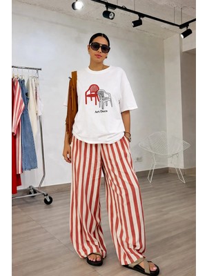 Monila Kadın Premium Kumaş Ekru Baskılı Oversize T-Shirt