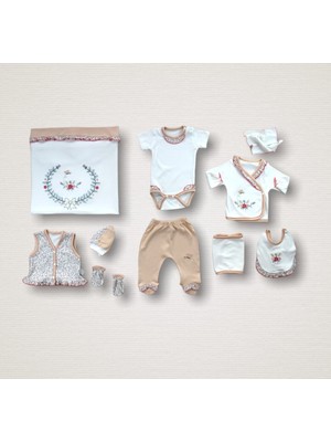 Epilons Erguvan Taç Nakışlı %100 Cotton Antibakteriyel Kız Bebek 10LU Zıbın Takımı Hastane Çıkışı