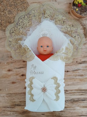 Epilons Yenidoğan Pamuk Taç Benim Prensesim Nakışlı Trilüks Kundak Bebek Battaniyesi