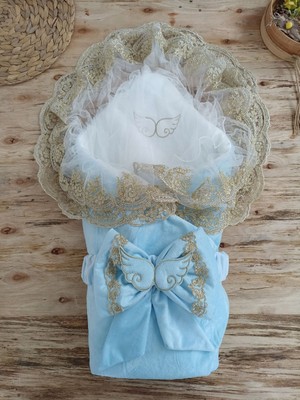 Epilons Yenidoğan Soft Kumru Melek Kanat Fiyonklu Gold Çift Dantel Duvaklı Trilüks Kundak Bebek Battaniyesi