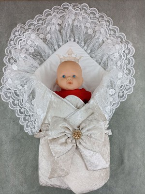 Epilons Yenidoğan Saray Kadife Taç Nakışlı Inci Fiyonklu Çift Dantel Duvak Trilüks Kundak Bebek Battaniyesi