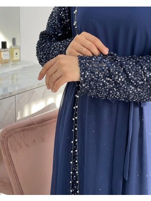 Moda Morfo Kolları Pul Payet Kemerli Şifon Abiye  -Laci